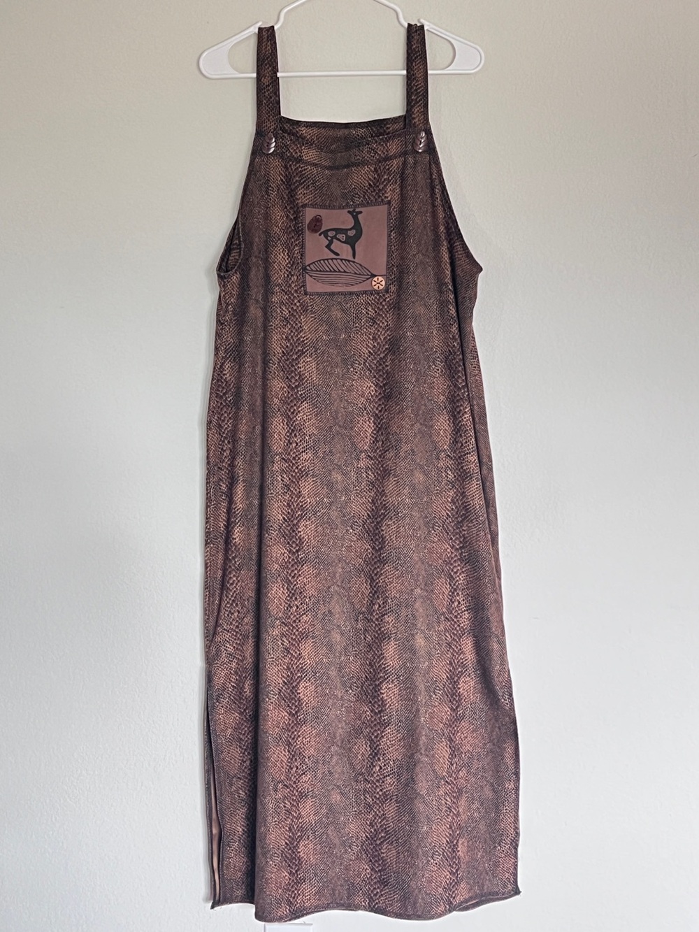 90s Nina Piccalino Maxi Jumper Dress Brown Animal Snake Print Deer Appliqué VTG - Picture 2 of 6